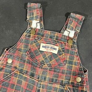 Vintage Baby Guess Rare Baby Plaid Overalls 3M Red Yellow Blue Denim USA‎